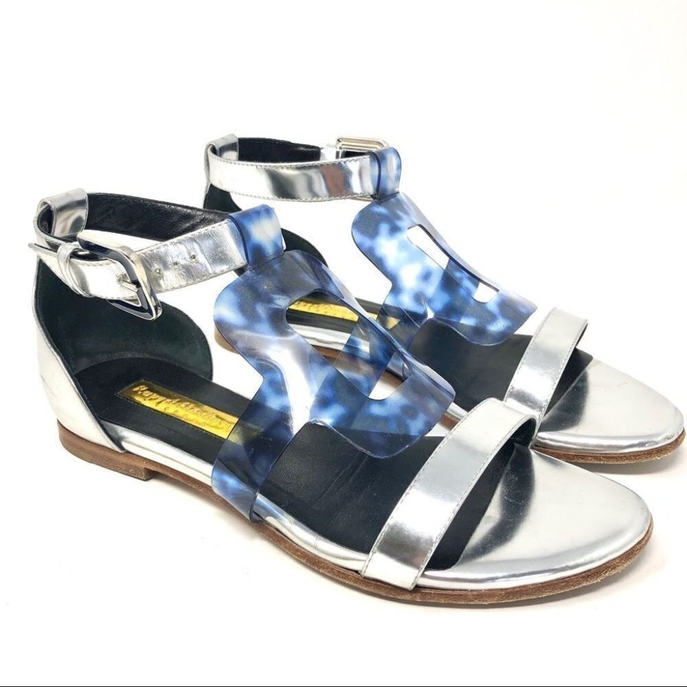* Rupert Sanderson Silver and Blue Tortoise Sandals 37.5